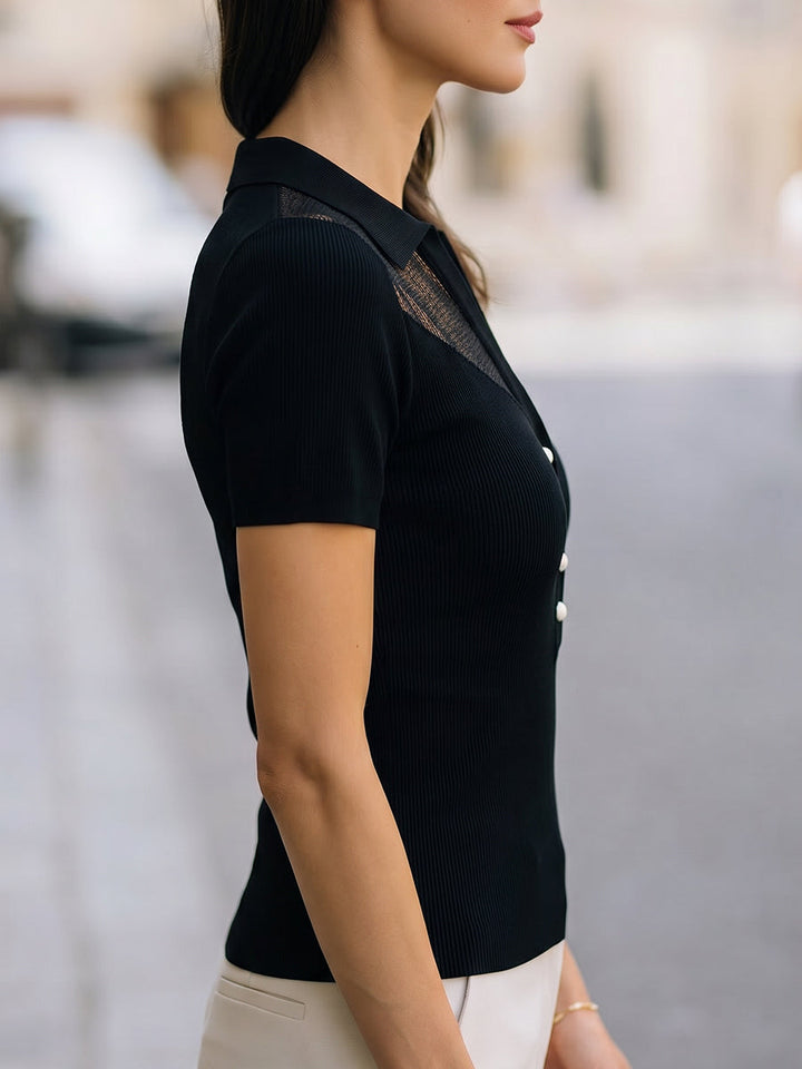 Mesh Panel Polo Neck Ribbed Knit Top With White Pearl Buttons