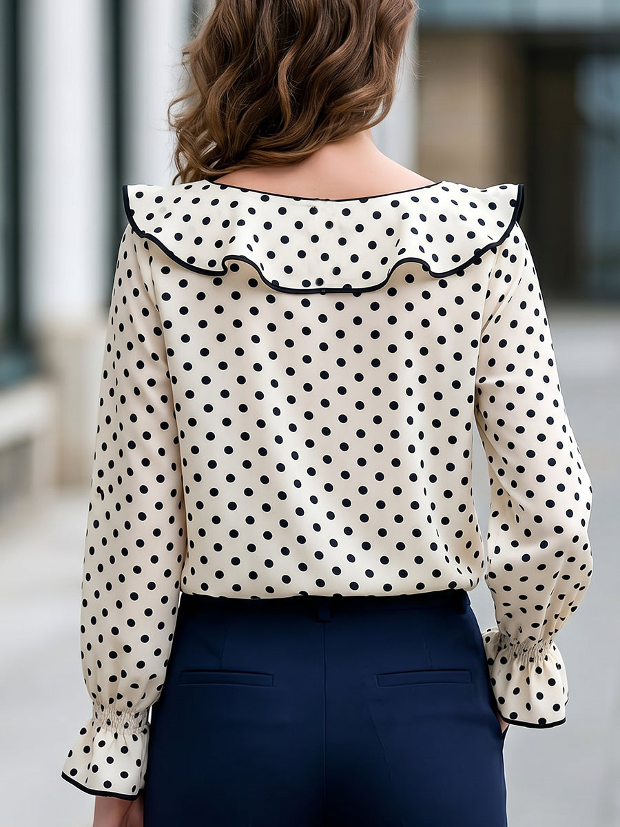 Polka Dot Ruffle Collar Long Sleeve Blouse