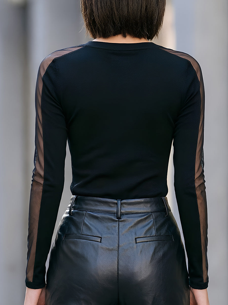 Sheer Mesh Panel Long-Sleeve Knit Top