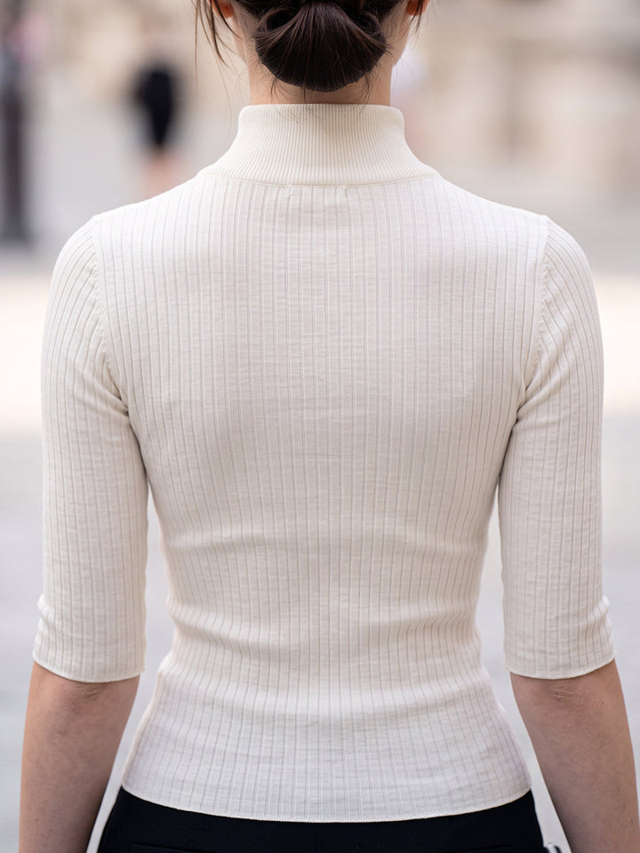 Button-Placket Ribbed Mock-Neck Knit Top