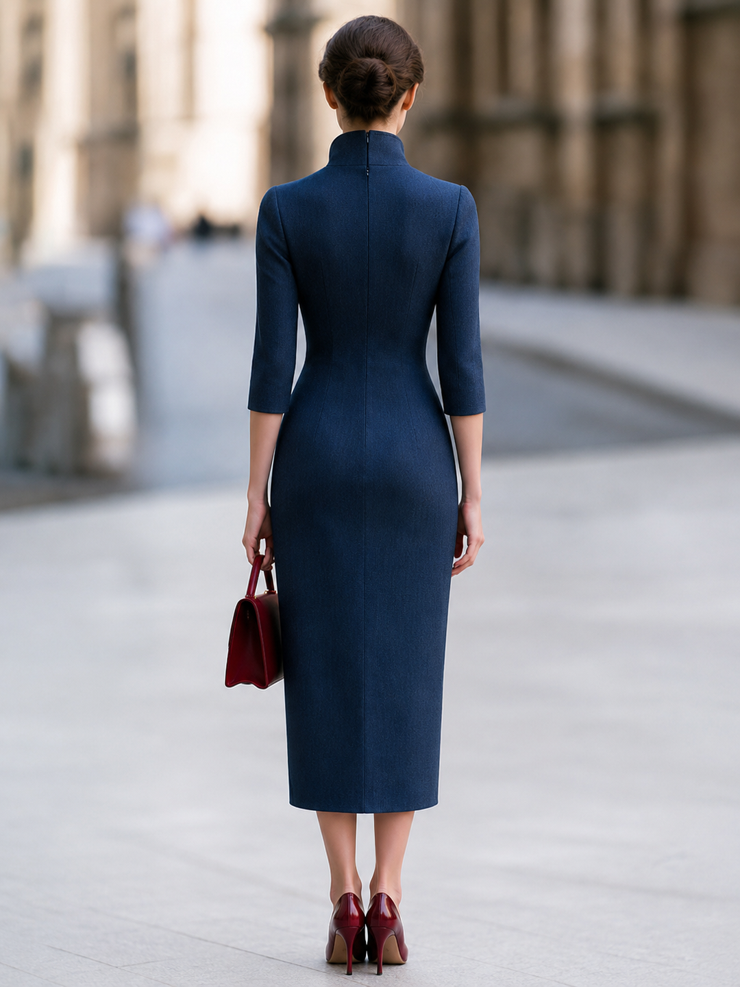 Asymmetric Stand-Collar Pencil Midi Dress
