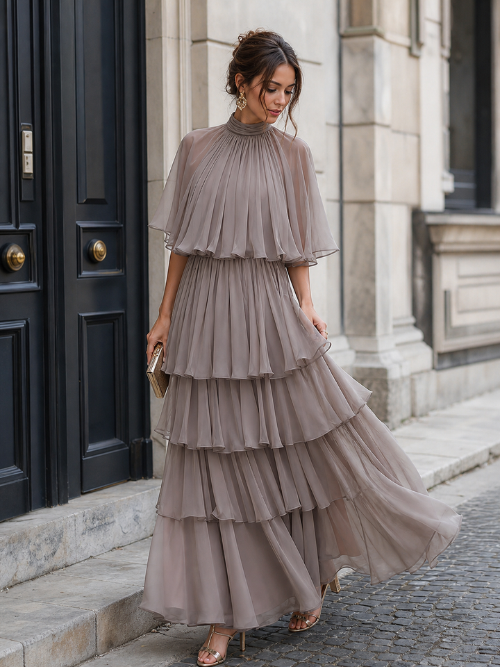 Tiered Pleated Cape Maxi Dress