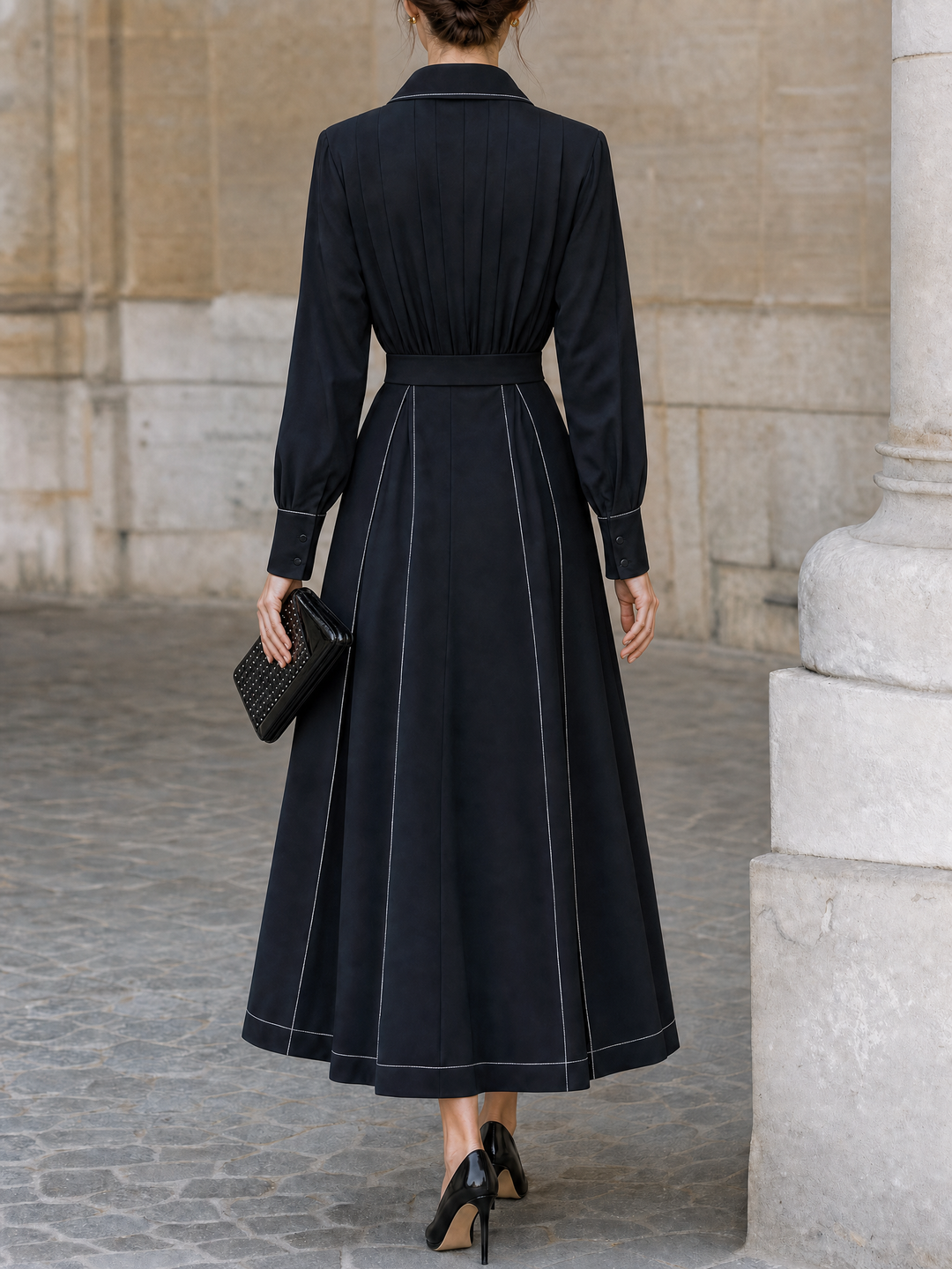 Contrast-Piped Shirt Collar Midi Dress
