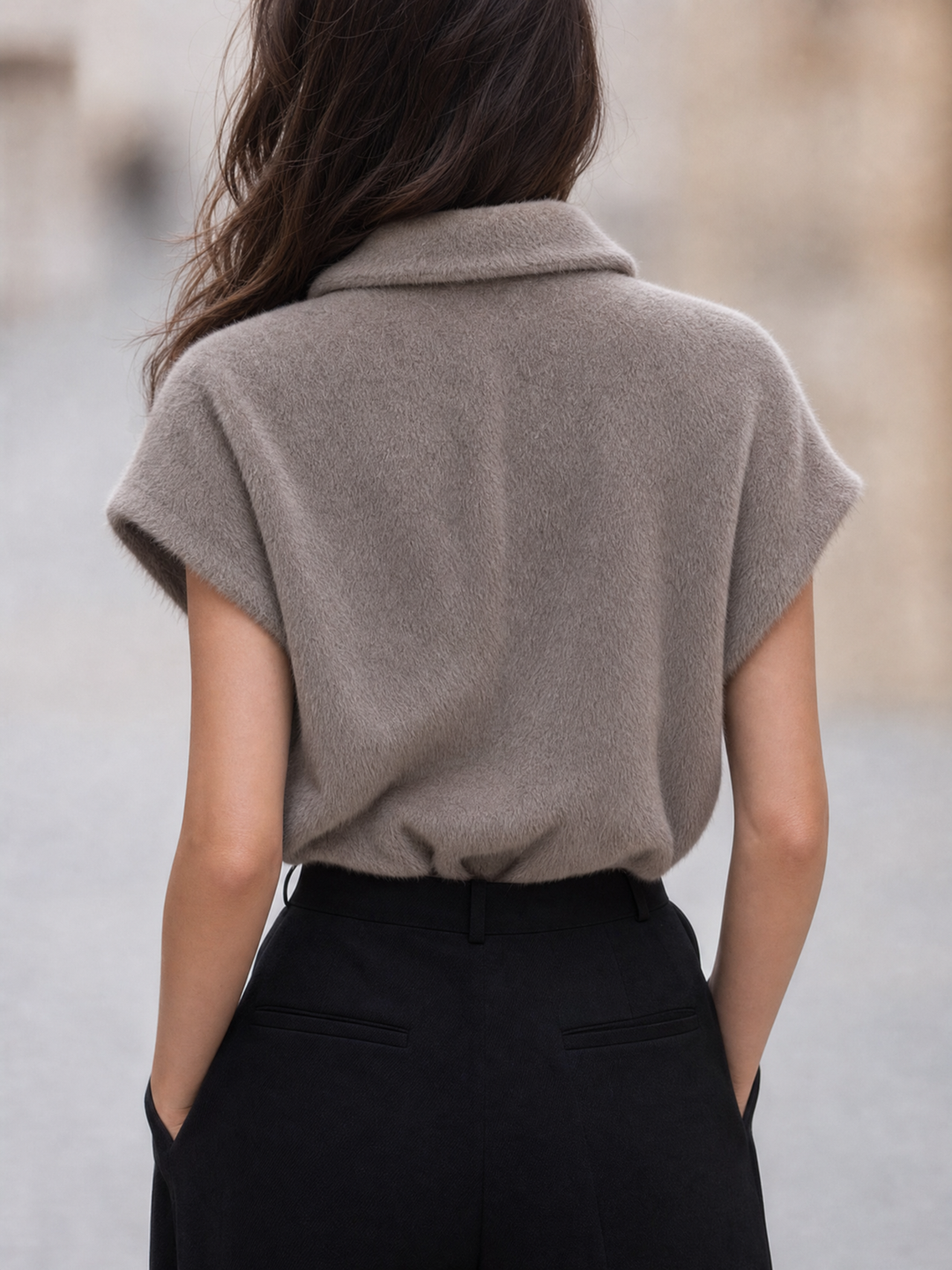 Women's Short-Sleeve Faux Mink Knit Cardigan With Collar