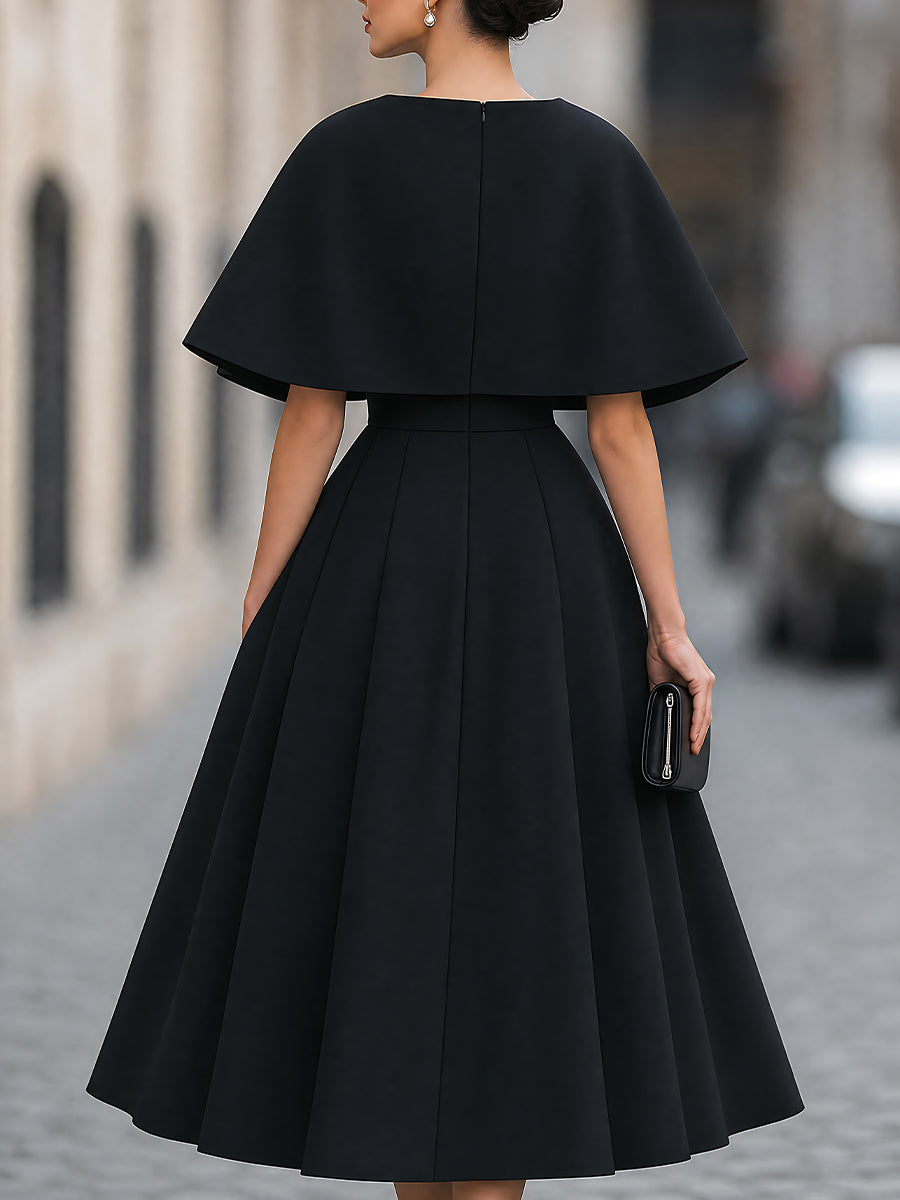 Cape-Overlay Square-Neck A-Line Midi Dress