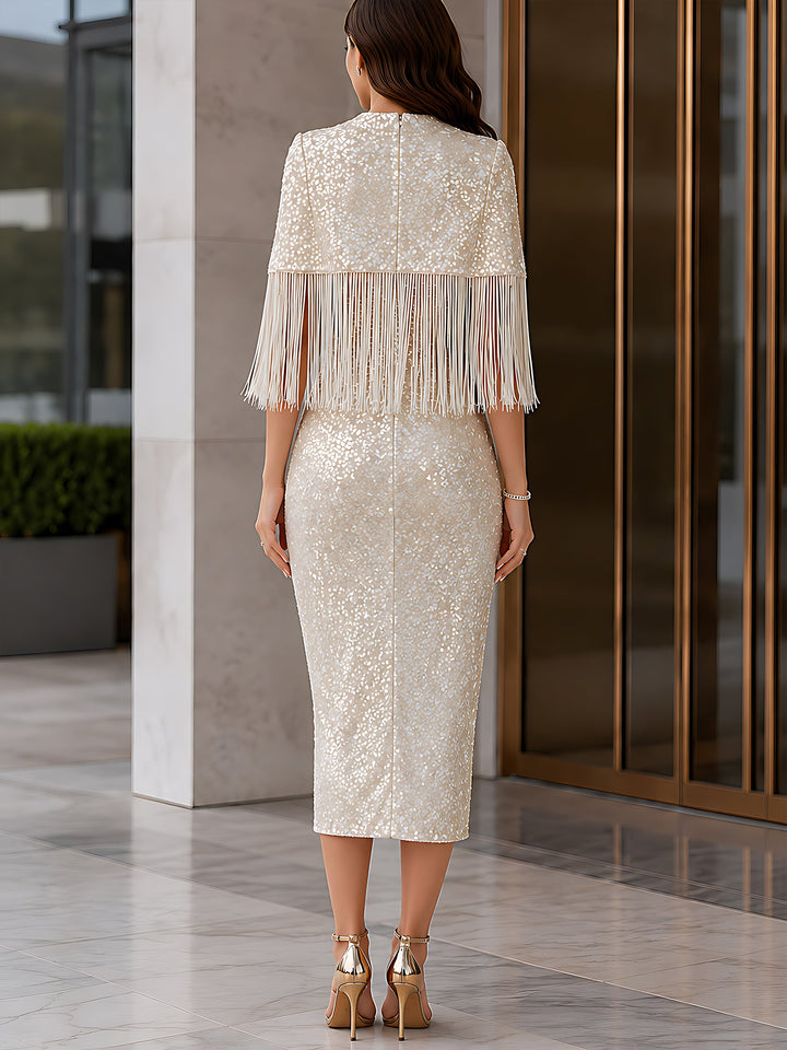 Sequin Fringe Cape Midi Dress