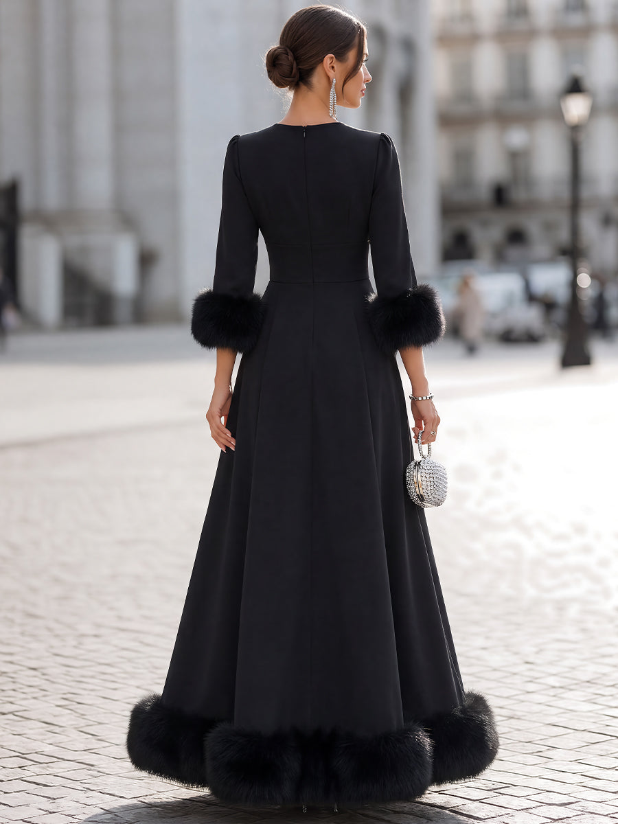 Faux-Fur Trimmed V-Neck A-Line Maxi Dress