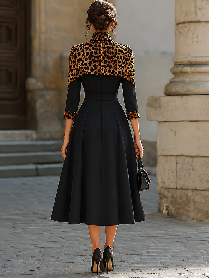 Leopard-Print Cape Detail A-Line Midi Dress