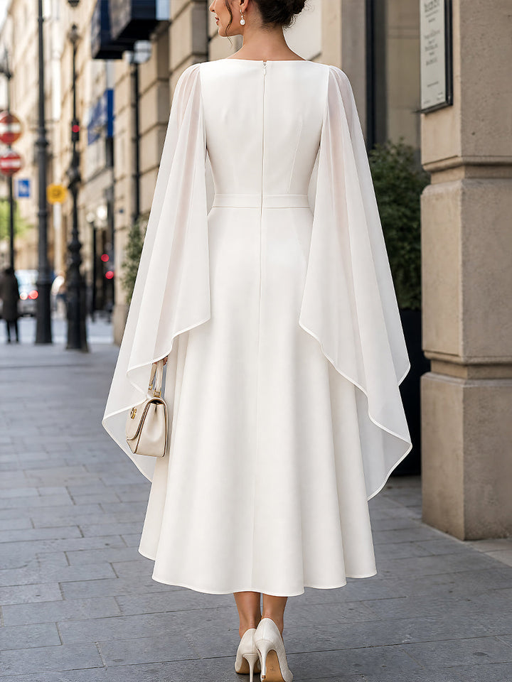 Keyhole-Neck Cape-Sleeve A-Line Midi Dress