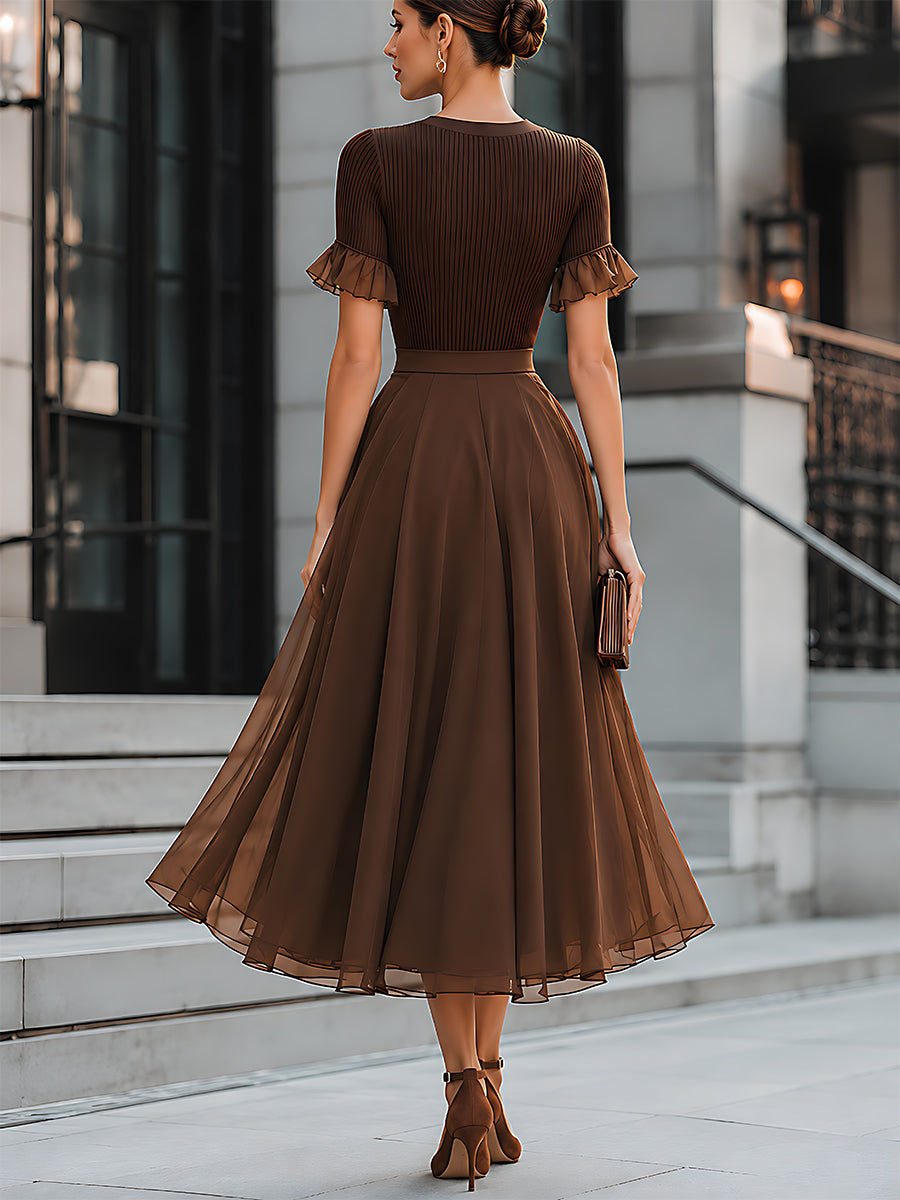 Ribbed Knit Ruffle-Sleeve Chiffon Midi Dress