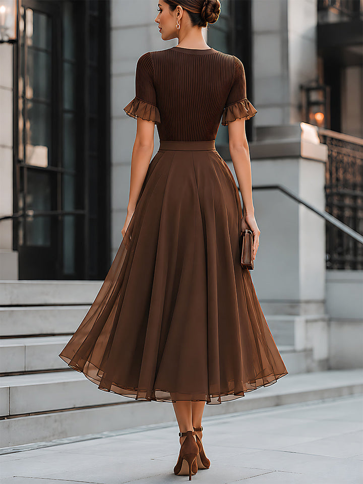 Ribbed Knit Ruffle-Sleeve Chiffon Midi Dress
