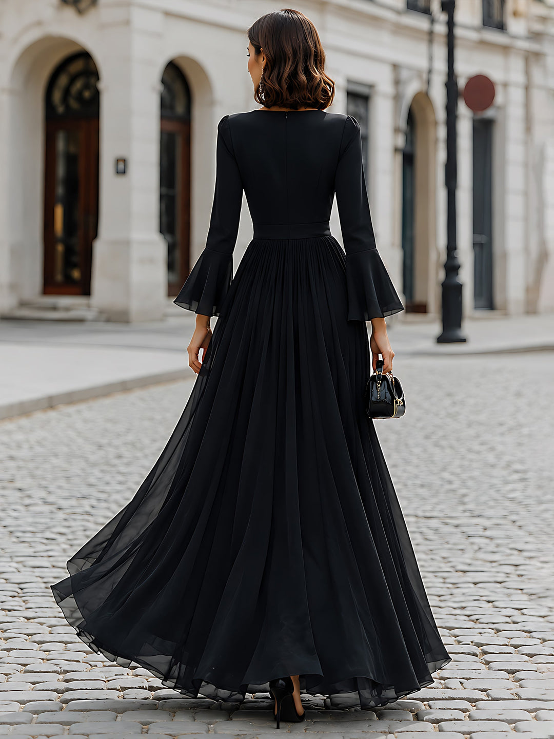 Flared-Sleeve Sweetheart-Neck Formal Maxi Dress