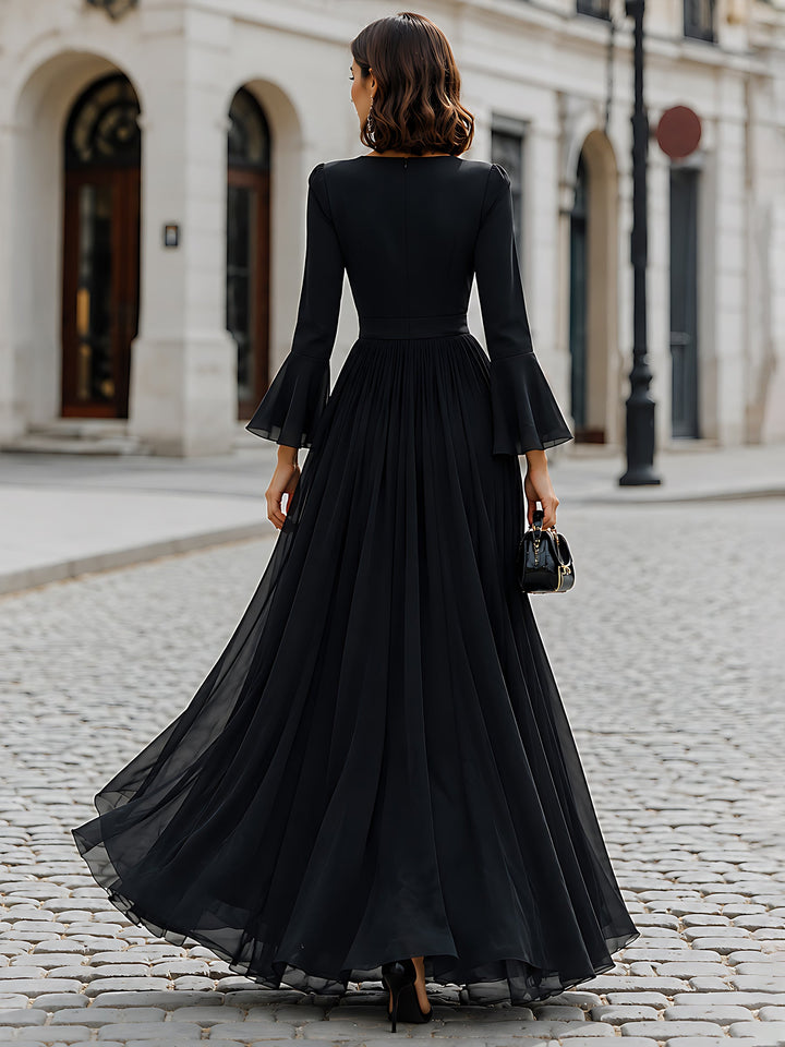 Flared-Sleeve Sweetheart-Neck Formal Maxi Dress