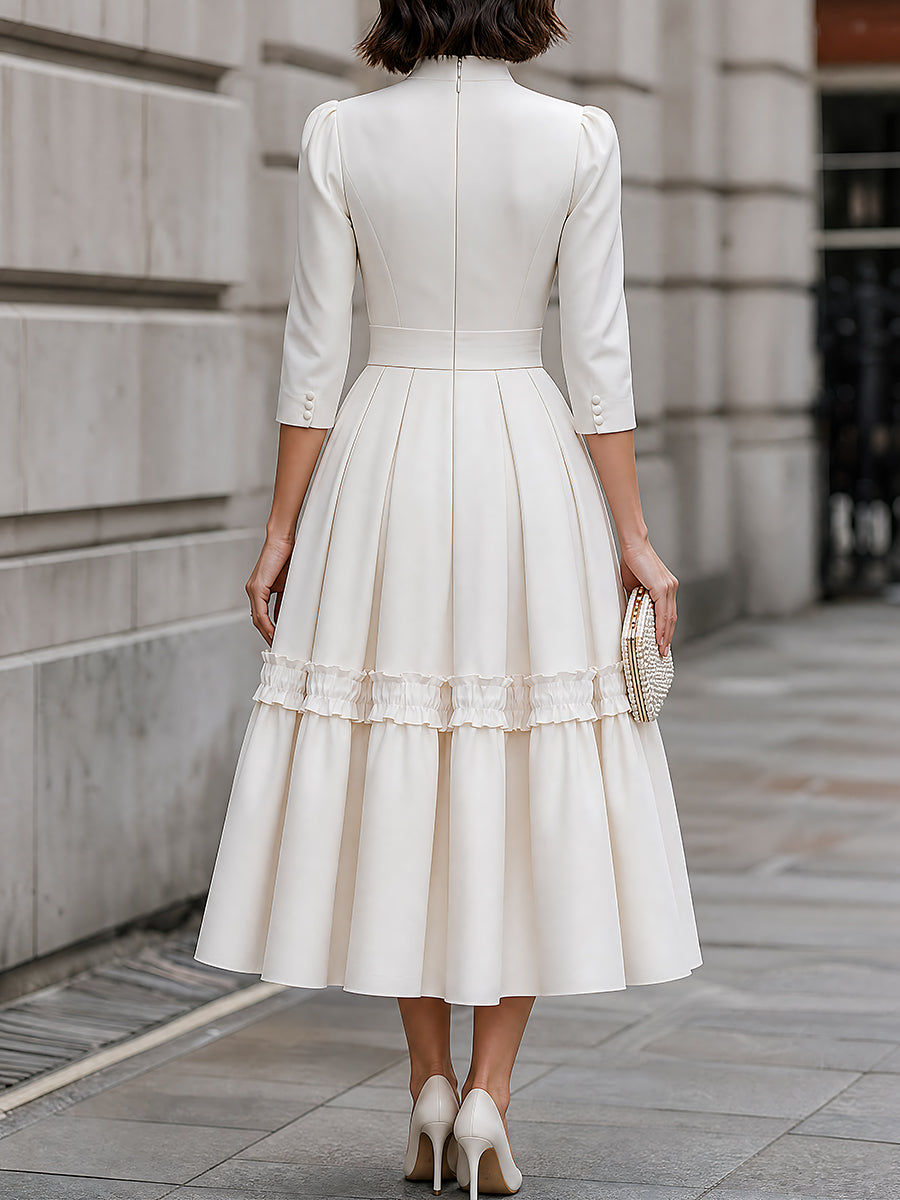 High-Neck Ruffle-Trim Pleated Midi Dress