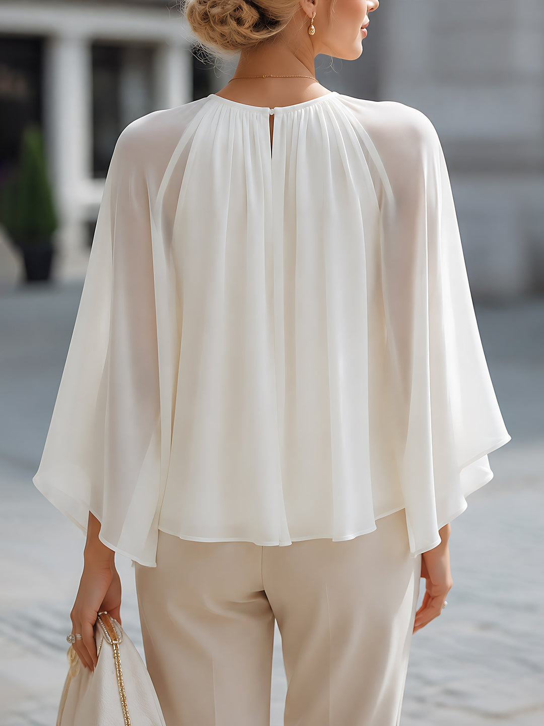 Pleated Cape-Sleeve Chiffon Blouse