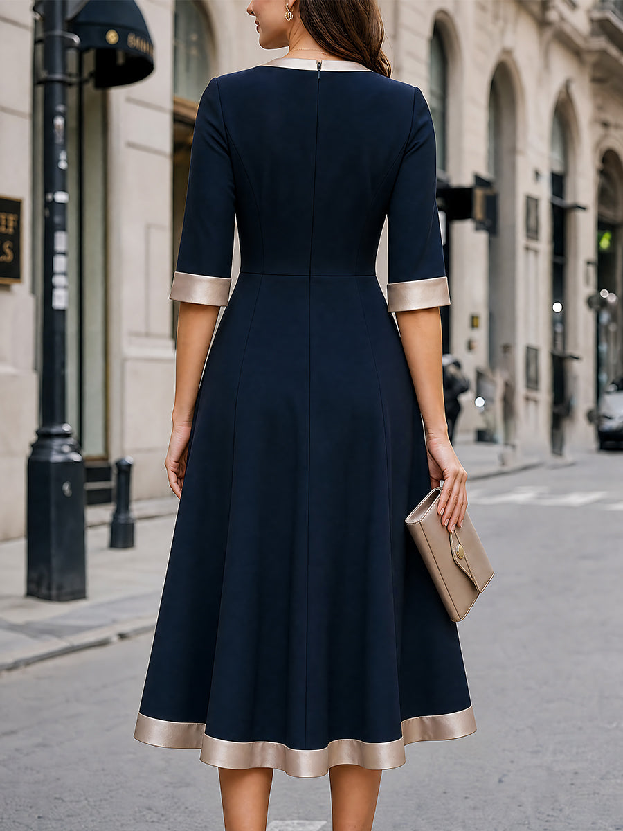 Satin-Trim V-Neck A-Line Midi Dress