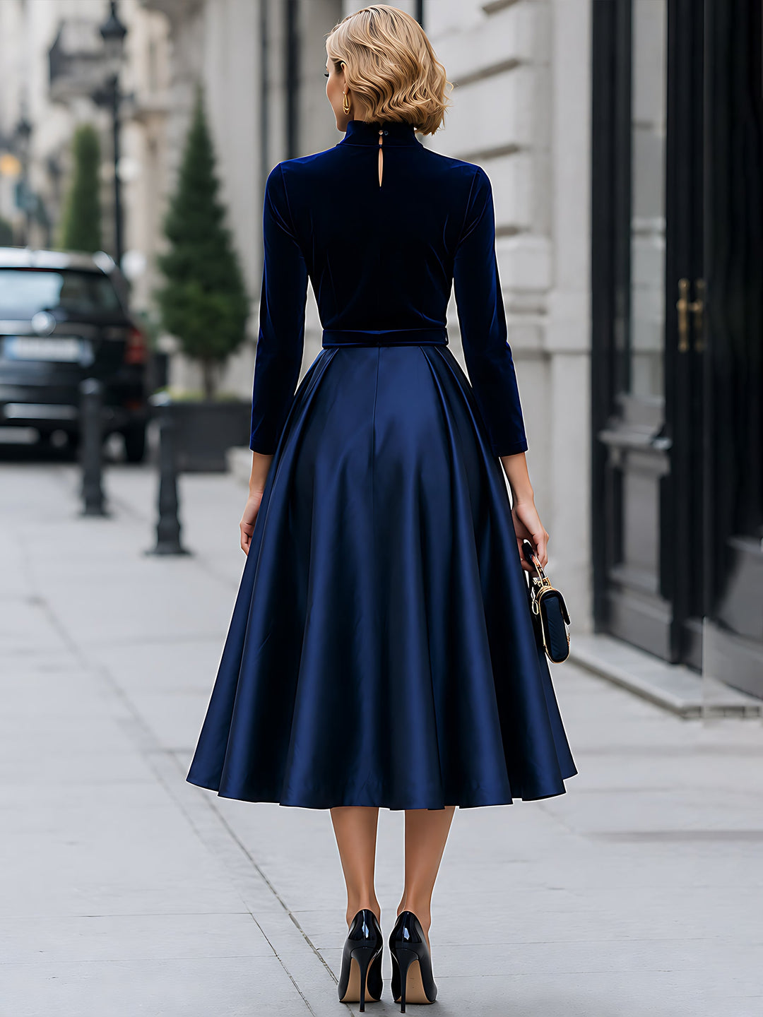 Velvet And Satin High-Neck A-Line Midi Dress