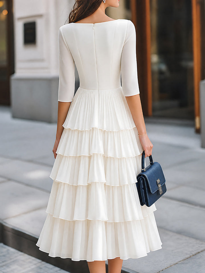 Lace-Yoke Tiered Ruffle Midi Dress
