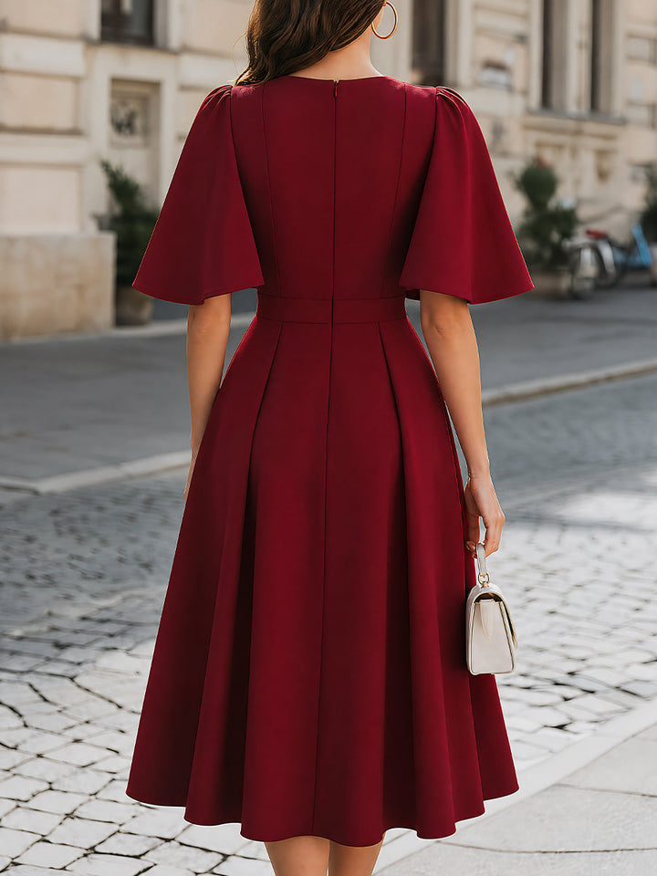 Cape-Sleeve Pleated A-Line Midi Dress