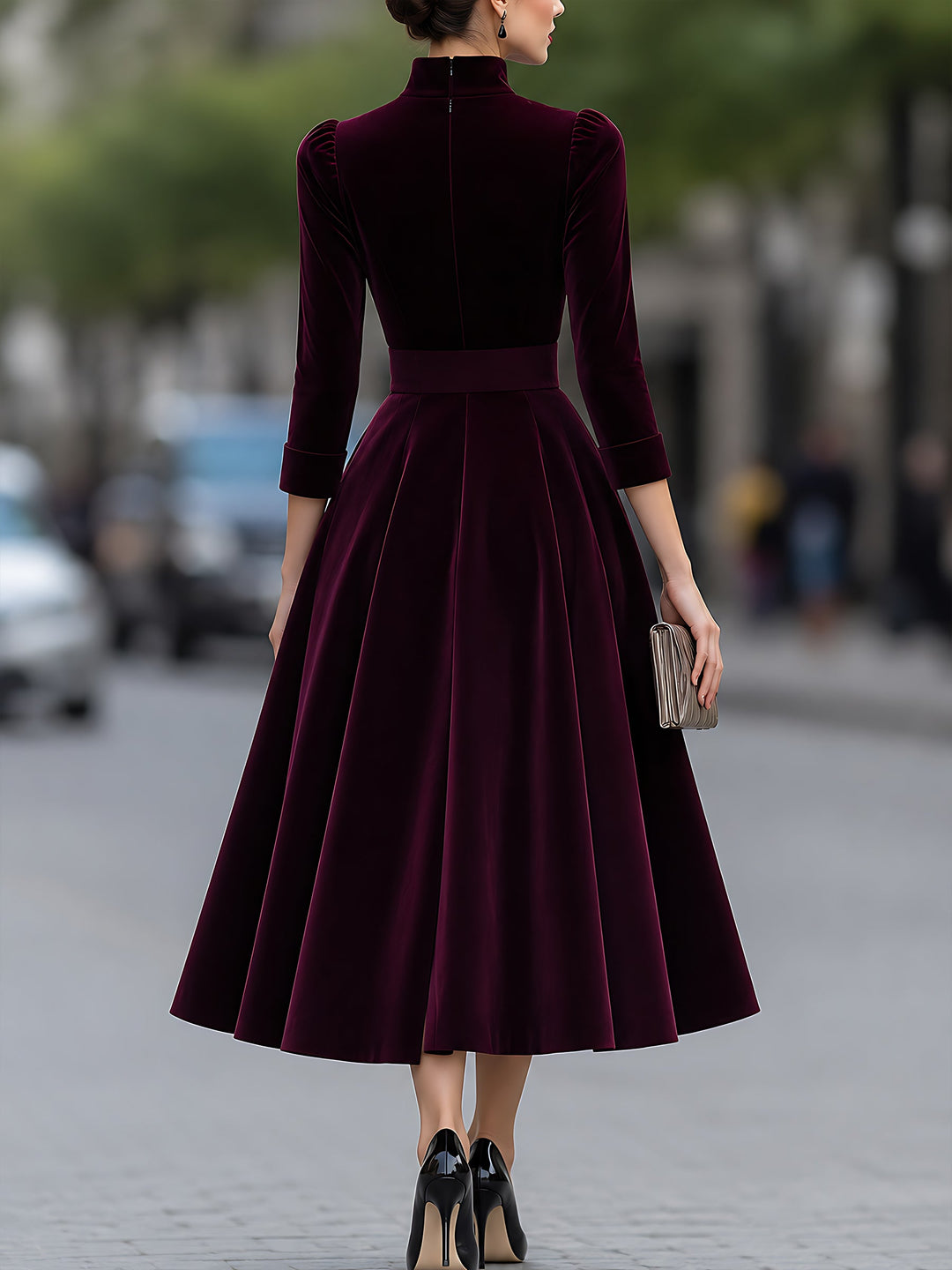 Velvet High-Neck A-Line Midi Dress