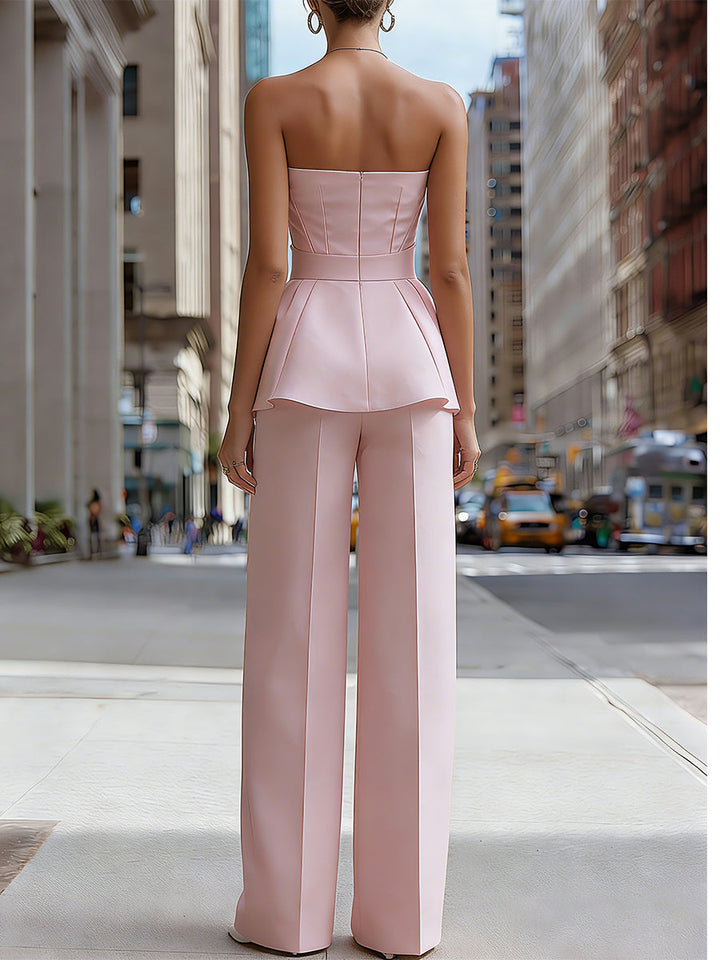 Strapless Peplum Bow Top And Tailored Wide-Leg Pants Set