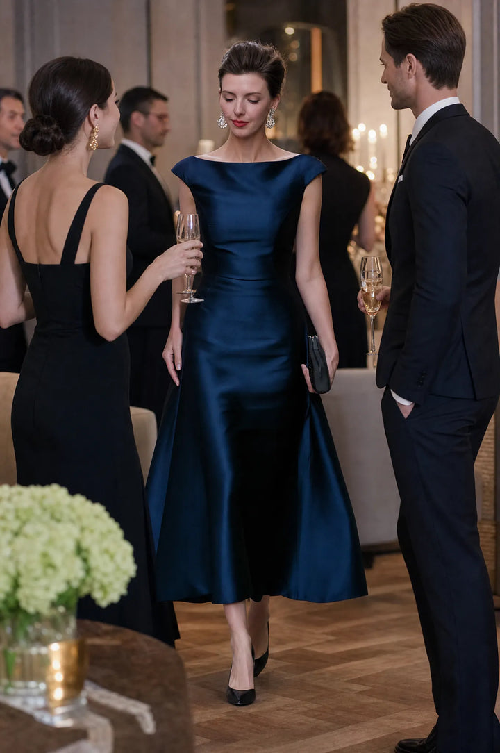 Boat-Neck Cap-Sleeve Midi Dress