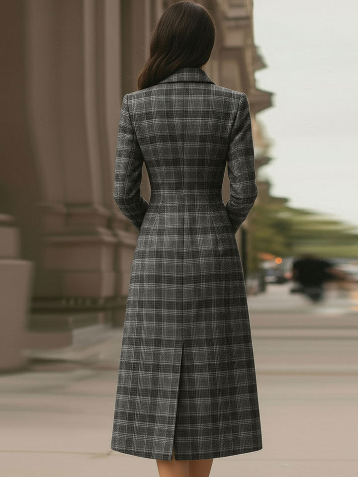 Elegant Plaid Asymmetric Button - Front Midi Dress