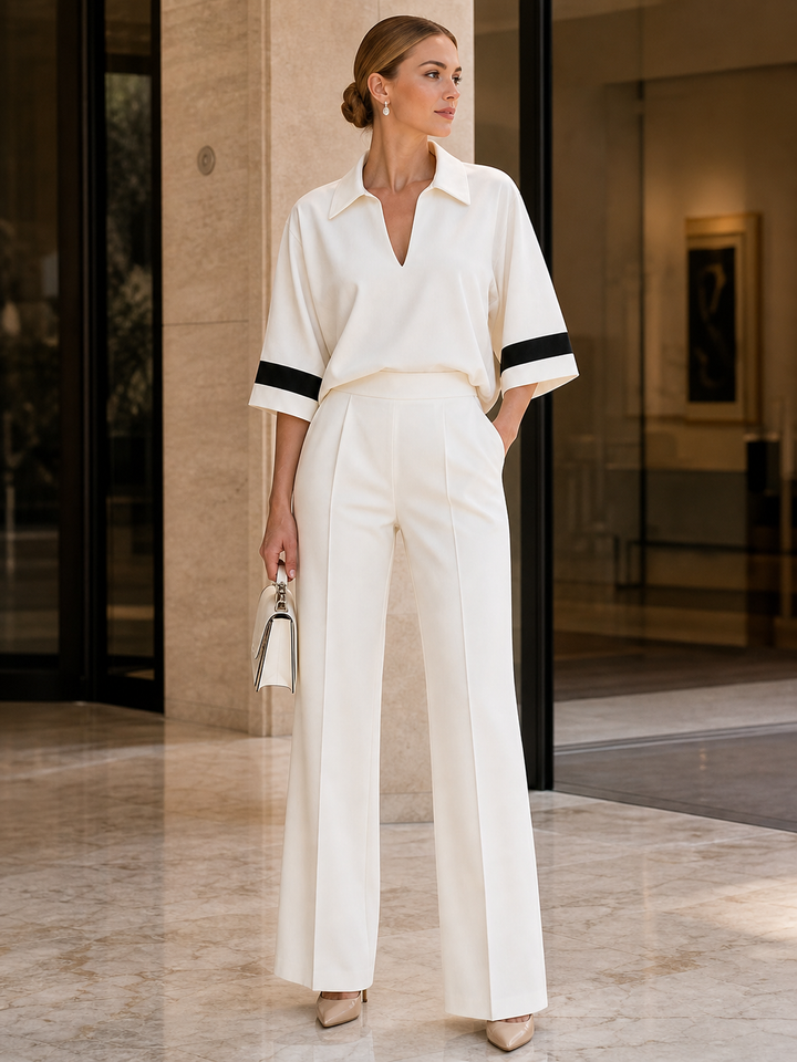 Stripe Cuff Polo V-Neck Blouse & High Waist Pleated Wide Leg Pants Two-Piece White Set