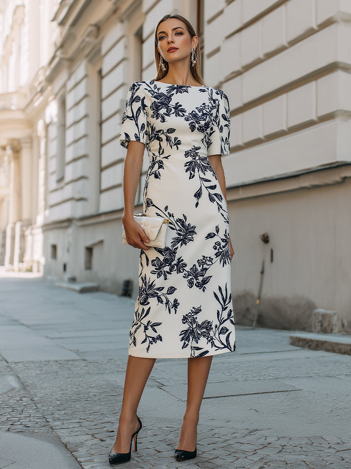 Botanical Print Short Sleeve Midi Dress