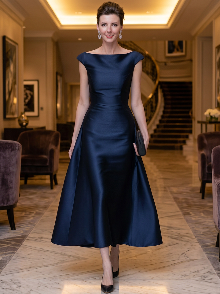 Boat-Neck Cap-Sleeve Midi Dress