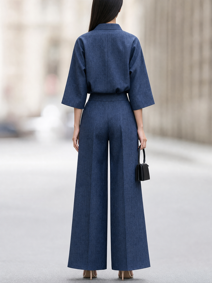 Elegant Wide Collared Top Leg Pants Set