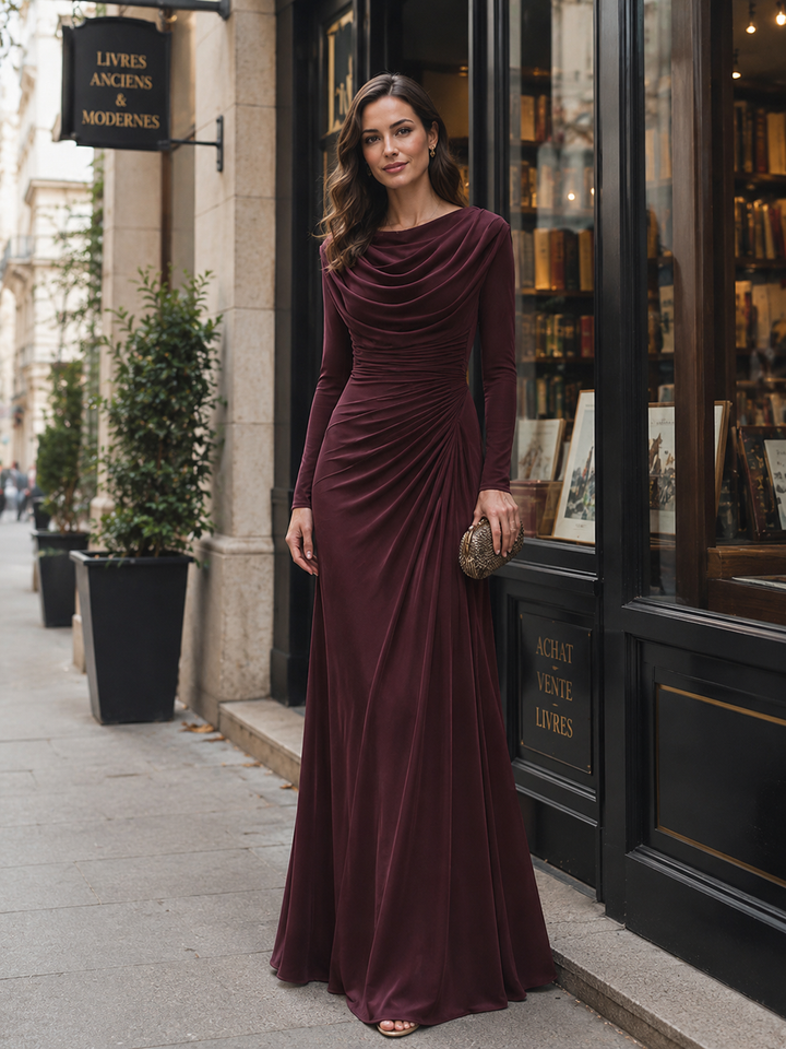 Draped Cowl Neck Ruched Maxi Dress
