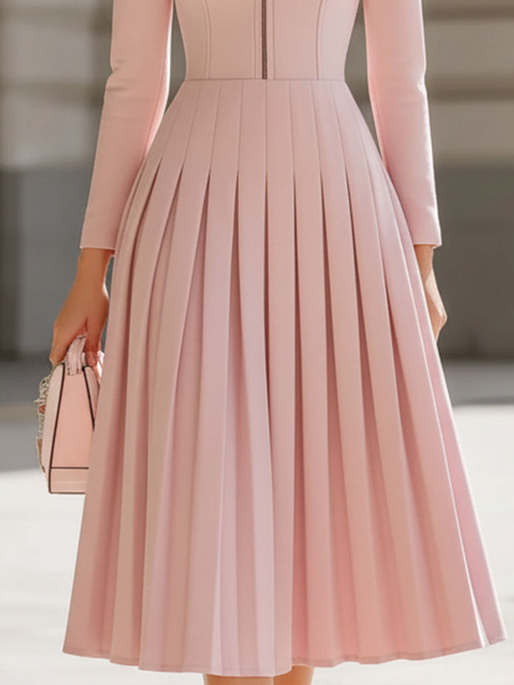 Elegant Blush Pink Pleated Midi Dress With Stand Collar