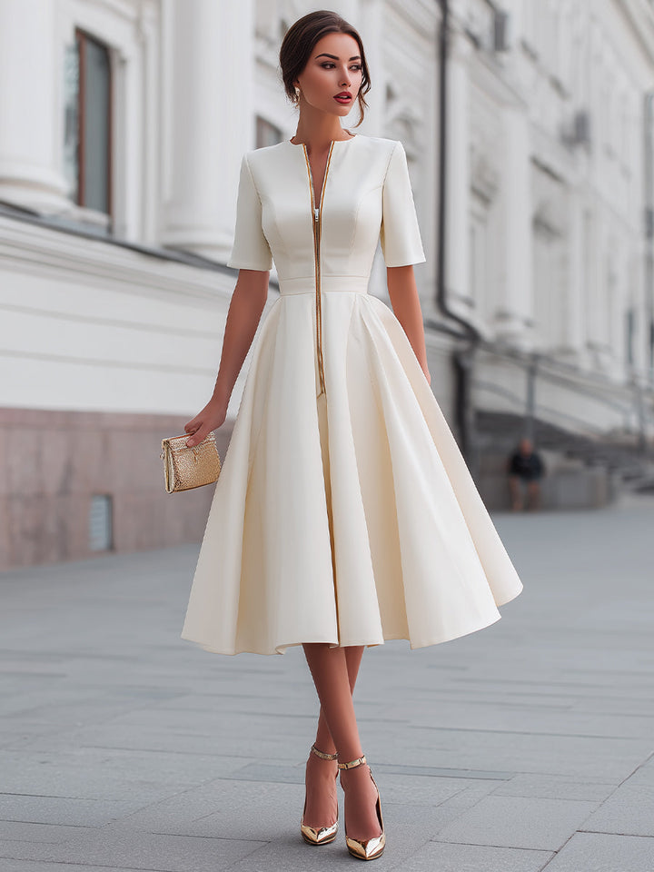 Short Sleeve Zip-Front Fit And Flare Midi Dress