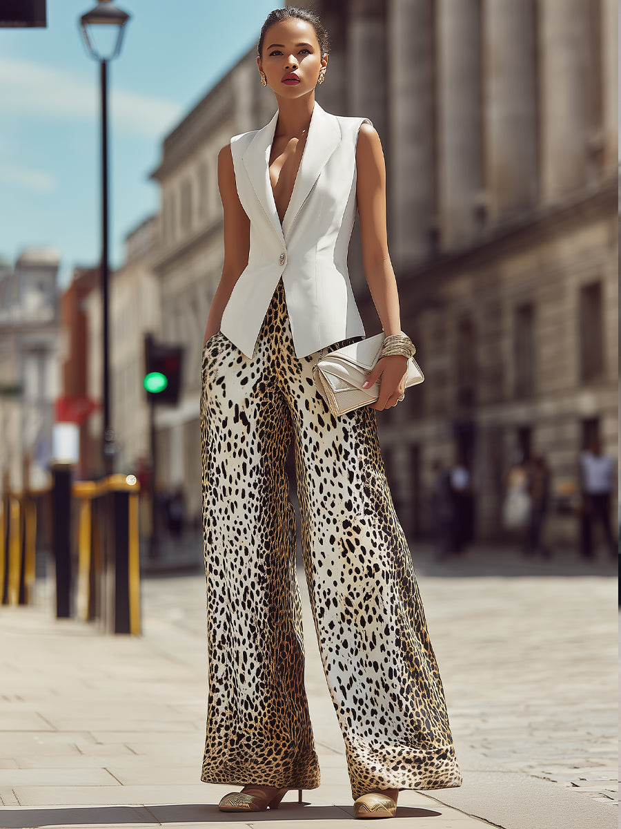 Sleeveless Tailored Vest & Printed Wide-Leg Trouser Set