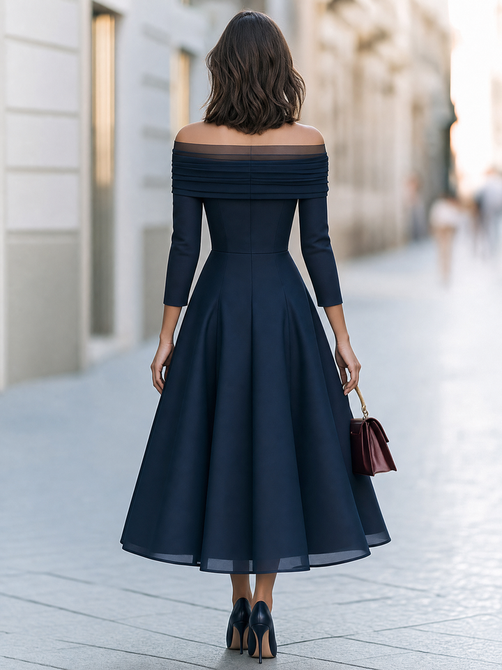 Navy Off-Shoulder Mesh A-Line Midi Dress