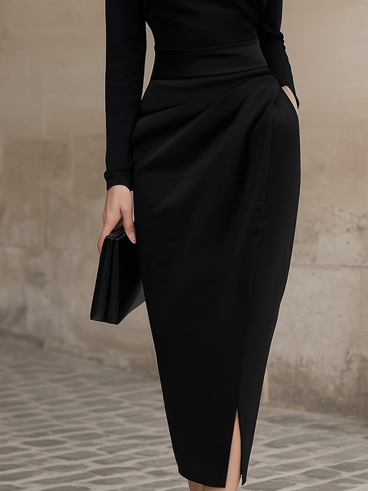 Sleek Black Turtleneck Draped Midi Dress