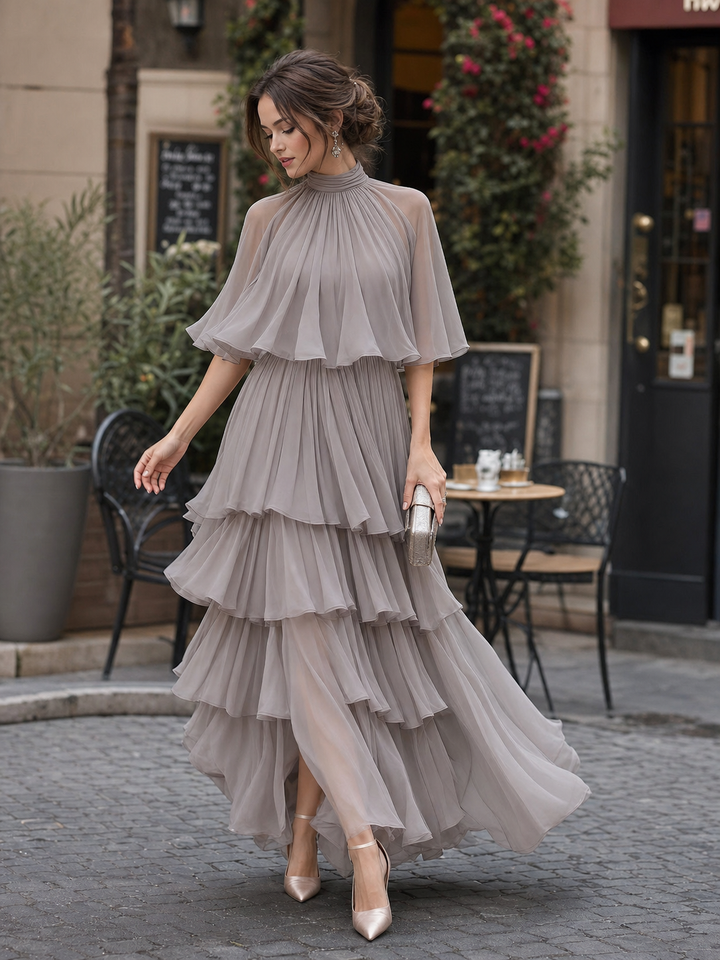 Tiered Pleated Cape Maxi Dress