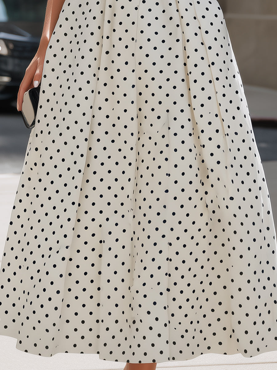 Vintage Polka Dot Mock Neck Cap-Sleeve Midi Dress