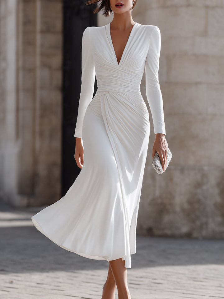 Ruched V-Neck Long Sleeve Midi Dress