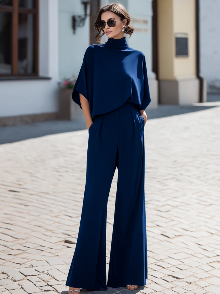 Minimalist High-Neck Draped Blouse & Wide-Leg Trouser Set