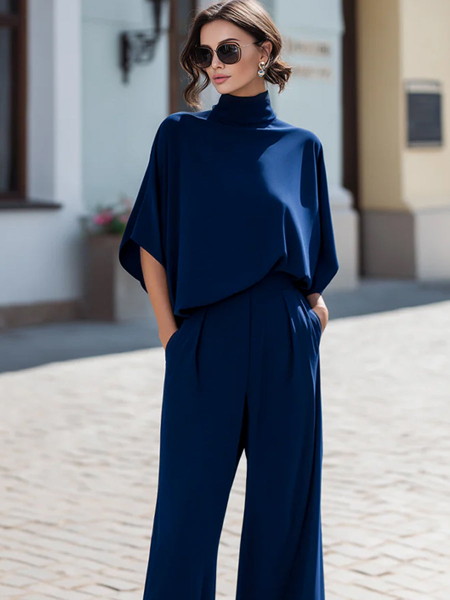 Minimalist High-Neck Draped Blouse & Wide-Leg Trouser Set