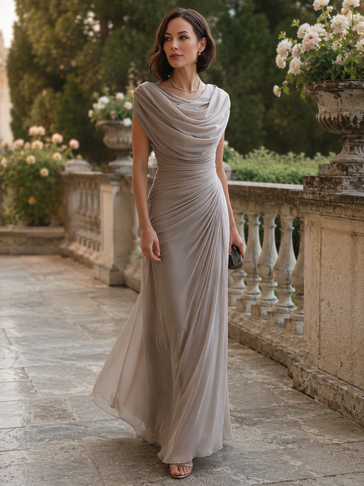 Draped Cowl-Neck Ruched Maxi Dress