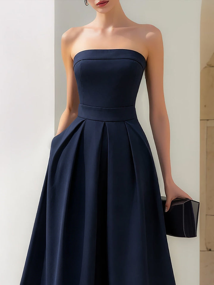 Strapless Structured A-Line Pleated Midi Dress